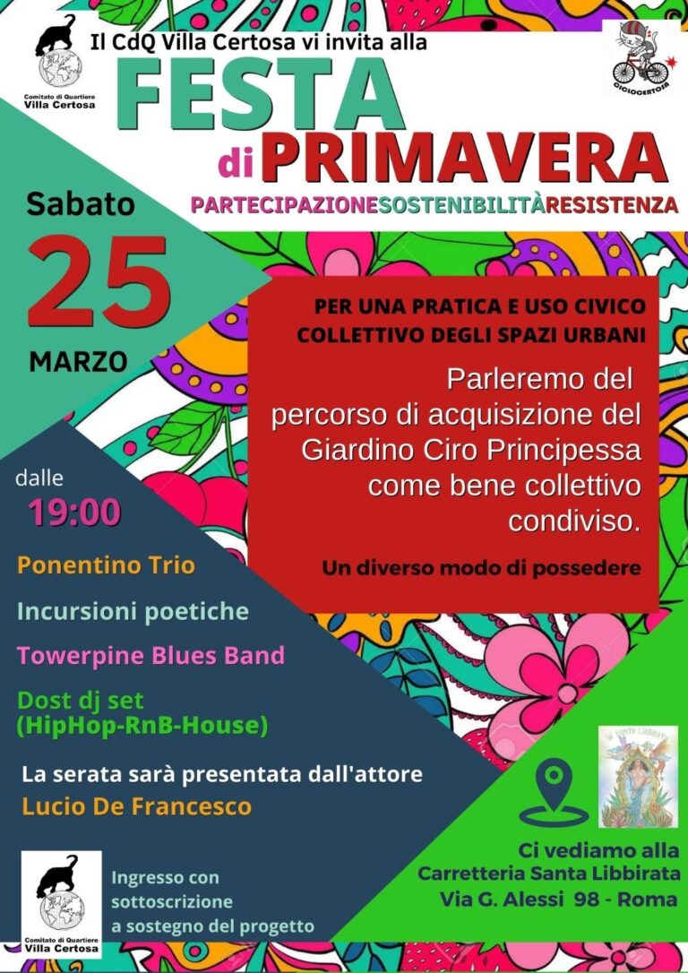 FESTA DI PRIMAVERA , CAMPAGNA PER L’ACQUISIZIONE POPOLARE DEL GIARDINO CIRO PRINCIPESSA
