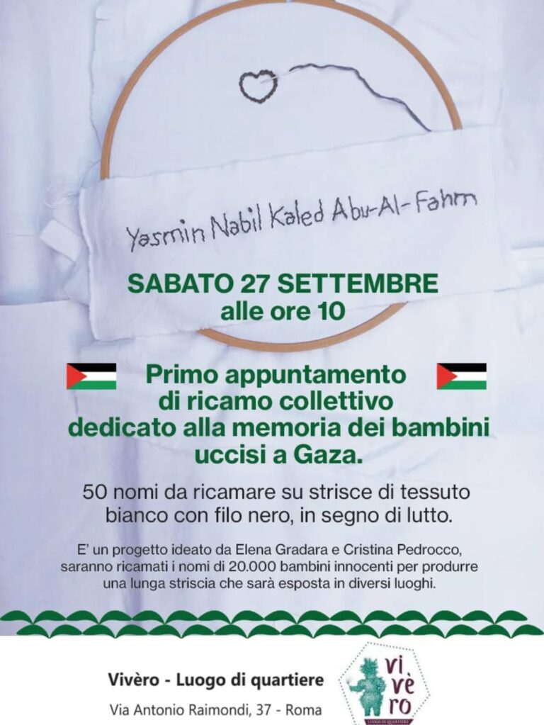 Primo appuntamento di ricamo collettivo dedicato alla memoria dei bambini uccisi a Gaza