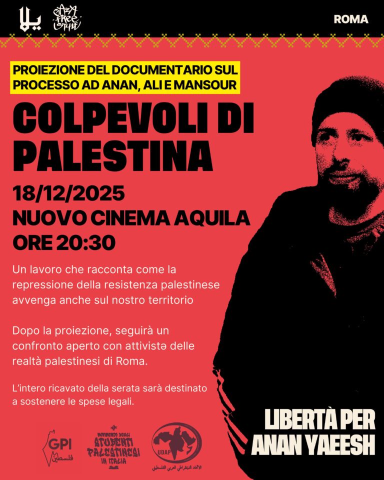 PROIEZIONE ED INCONTRO PER IL DOCUMENTARIO COLPEVOLI DI PALESTINA-LA VICENDA GIUDIZIARIA DI ANAN, ALI E MANSOUR